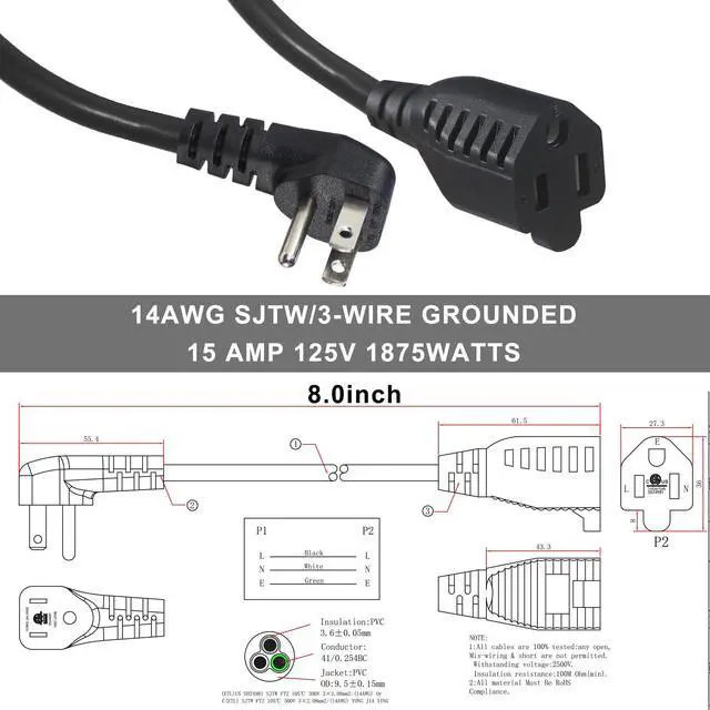 Alt view image 5 of 7 - Low Profile Wall Head 6Inch 14AWG/3C SJTW Heavy Duty Indoor/Outdoor Extension Cord, 90-Degree Flat Plug, 15A/125V 1875W, NEMA 5-15P to 5-15R, Black, 1-Pack