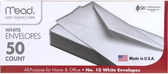 Main image of Mead #10 Envelopes, Letter Size, 4-1/8"x9-1/2", Gummed Closure, White, 50 Count (75050)