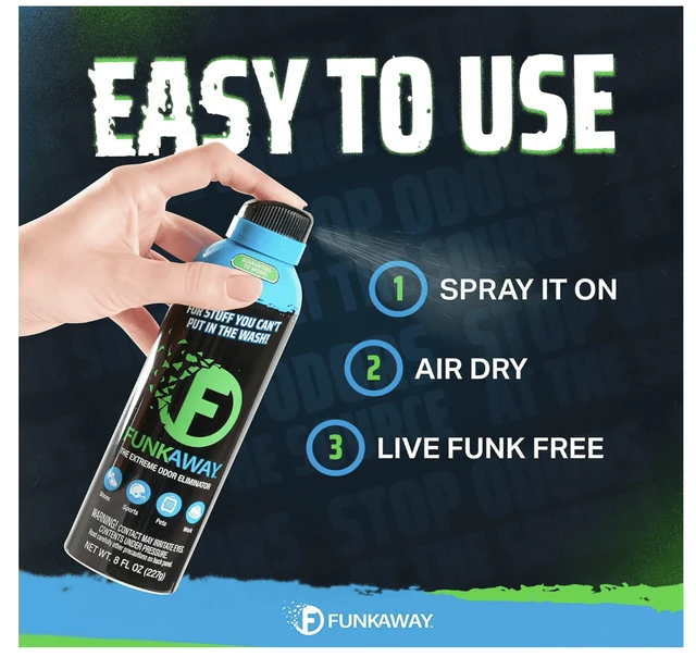 Alt view image 5 of 6 - FunkAway Odor Eliminator Air Freshener Extreme Deodorizer, 8 oz Aerosol Spray, Removes Shoe, Pet, Sweat, Smoke & Mildew Smells