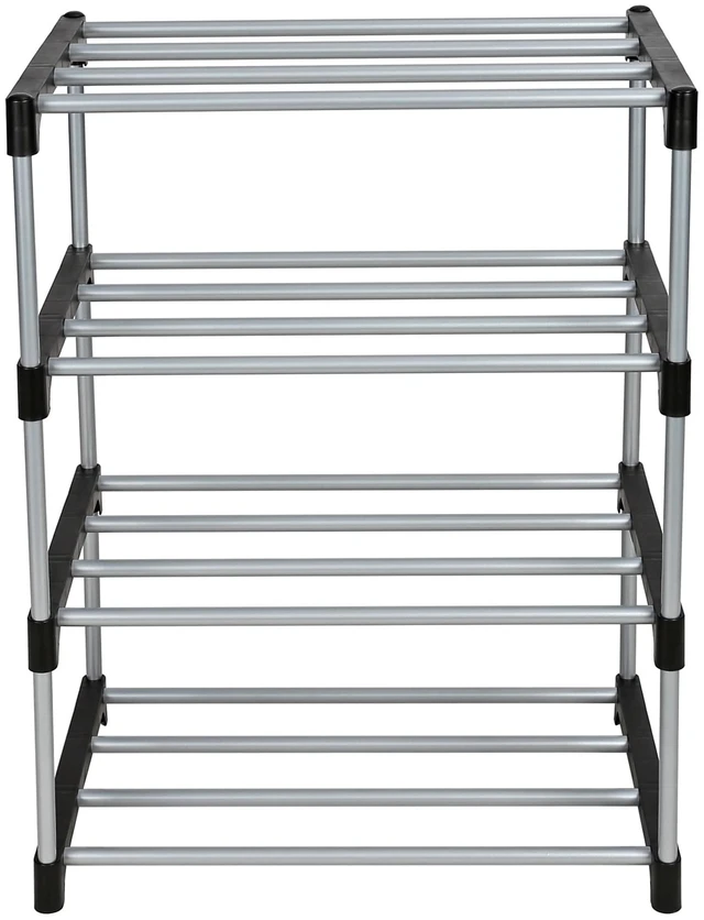 Main image of Mainstays 4-Tier Shoe Rack, Black and Silver, 8-Pair Capacity, Metal Tubes and Plastic Connectors