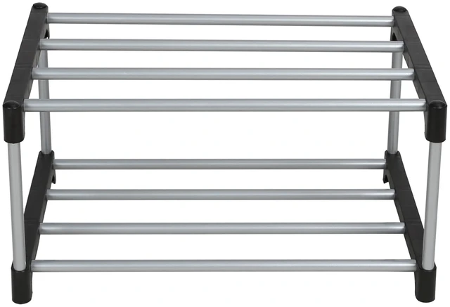 Main image of Mainstays 2-Tier Black and Silver Shoe Rack with Iron Poles and Plastic Connectors, Holds up to 4Pairs