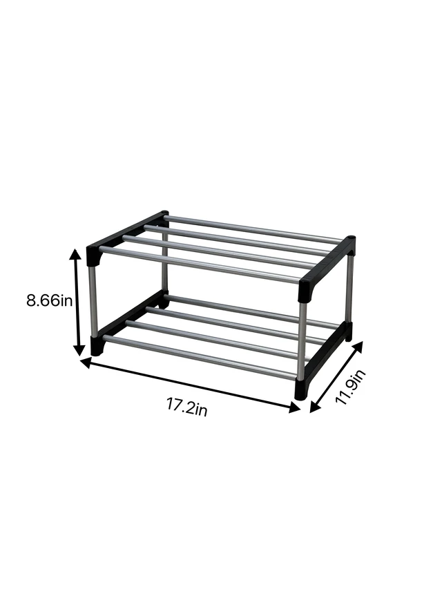 Alt view image 2 of 6 - Mainstays 2-Tier Black and Silver Shoe Rack with Iron Poles and Plastic Connectors, Holds up to 4Pairs