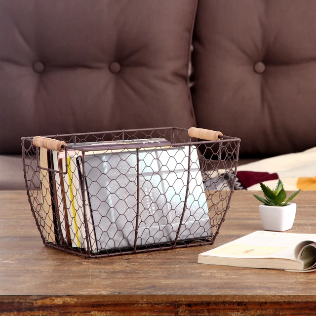 Alt view image 4 of 6 - Mainstays Decorative Chicken Wire Basket with Wood Handles, Brown, 12.2in x 8in x 7.28in