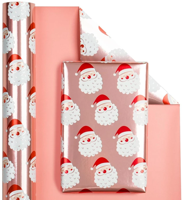 Alt view image 3 of 6 - WRAPAHOLIC Reversible Christmas Wrapping Paper Mini Roll 17in x 33ft Santa Claus and Solid Rose Gold Design with Metallic Foil Shine for Christmas Holiday Party