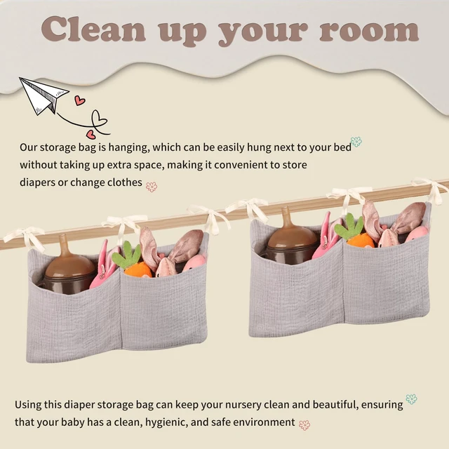 Alt view image 4 of 6 - Baby Nappy Bag Organizer - Bedside Hanging Storage Bag for Crib, Bunk Bed, Milk Bottle, Bib, Cotton, Khaki