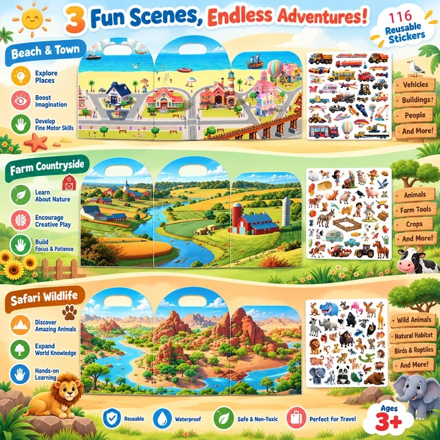Alt view image 3 of 6 - 3-Pack Reusable Sticker Books for Toddlers 2-4 Years - Vehicles Truck, Animals & Farm Jelly Activity Stickers, Travel Essentials for Boys & Girls, Birthday Gifts