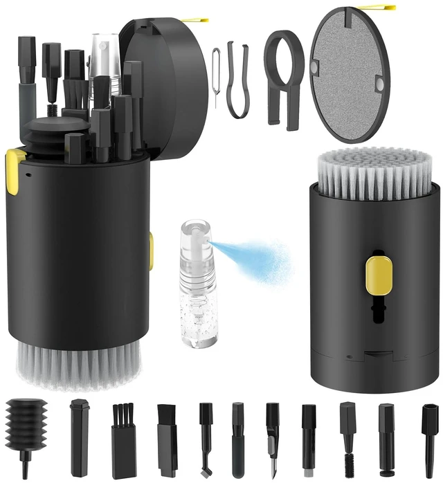 Main image of Tounee 20in1 Keyboard & Electronics Cleaning Kit with Retractable Brush, 2.5ml Mist Spray, Portable Tool for Phone, Tablet, PC, Monitor, TV, Camera Lens (Black)
