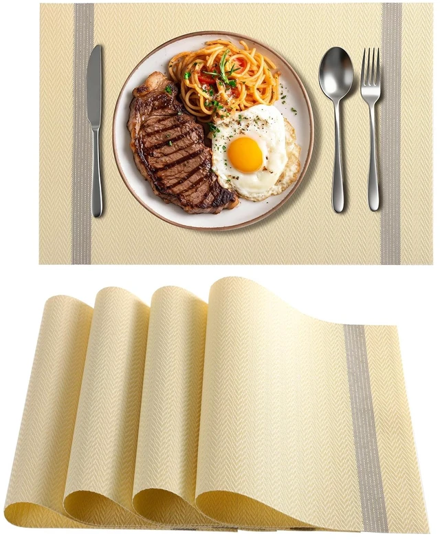 Main image of Woven Vinyl Placemats Set of 4 with Gold Shiny Yarn on Both Sides, Heat Resistant Washable Table Mats for Dining Table Kitchen Indoor Decor