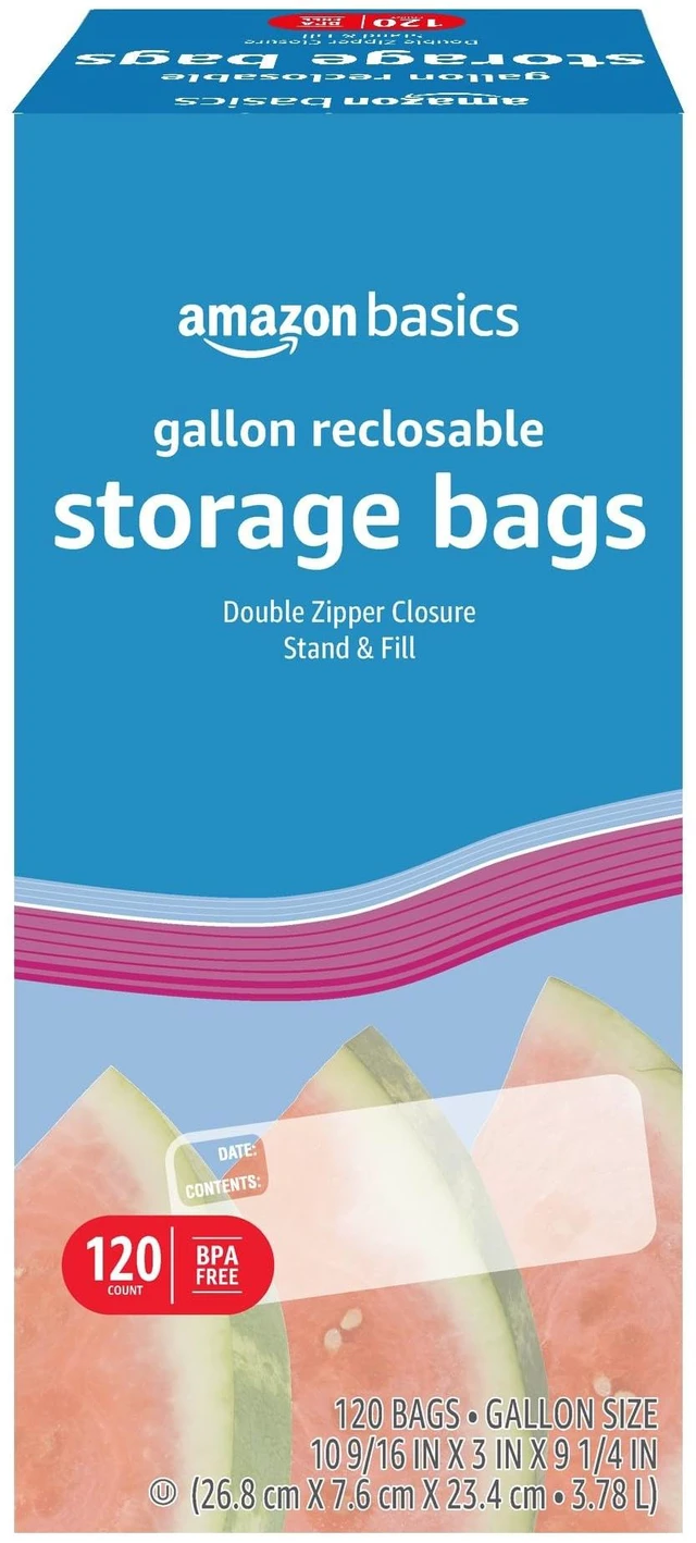 Main image of Amazon Basics Gallon Food Storage Bags, Reclosable, Double Zipper Seal, Stand and Fill Base, BPA Free, 120 Count