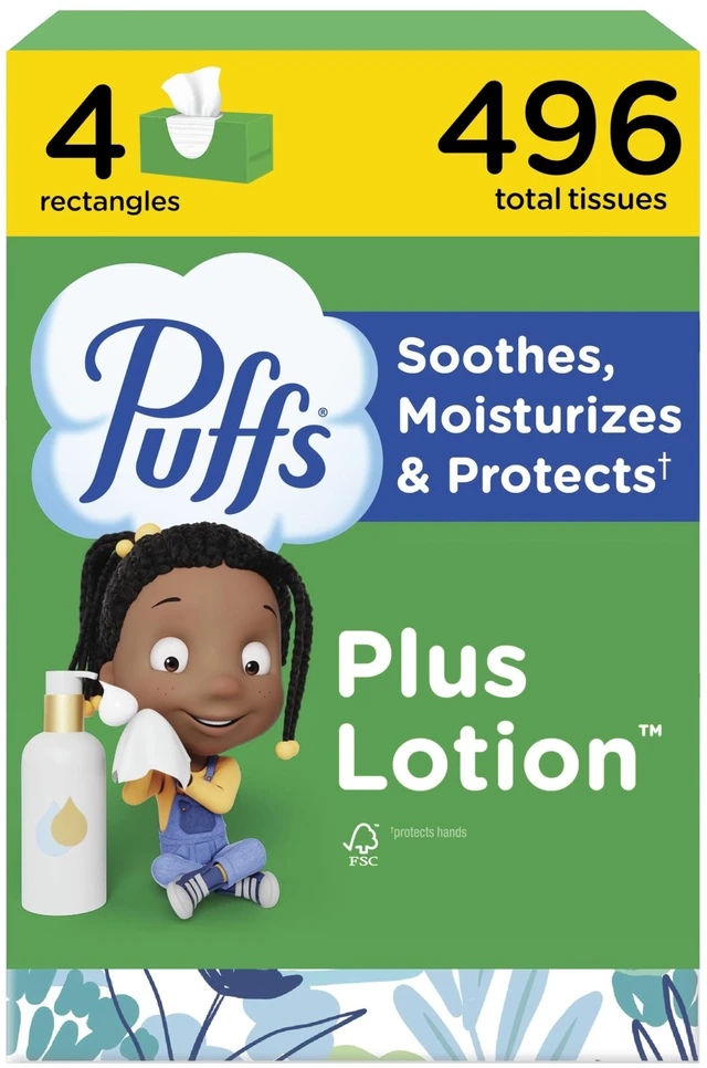Main image of Puffs Facial Tissues Plus Lotion, 4 Family Boxes, 124 Tissues per Box, for Allergies and Colds