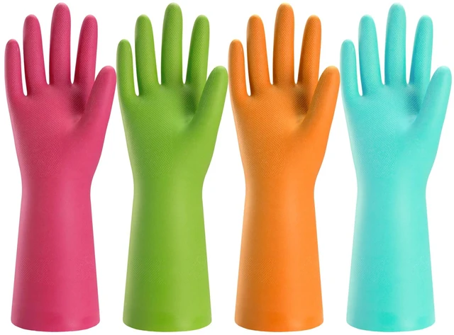 Main image of Bamllum Rubber Cleaning Gloves 4 Pairs - Reusable Dishwashing Gloves, Flexible Long-Lasting Waterproof (Medium, Blue, Green, Red, Orange)