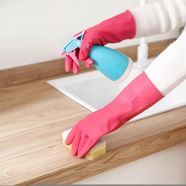 Alt view image 5 of 6 - Bamllum Rubber Cleaning Gloves 4 Pairs - Reusable Dishwashing Gloves, Flexible Long-Lasting Waterproof (Medium, Blue, Green, Red, Orange)