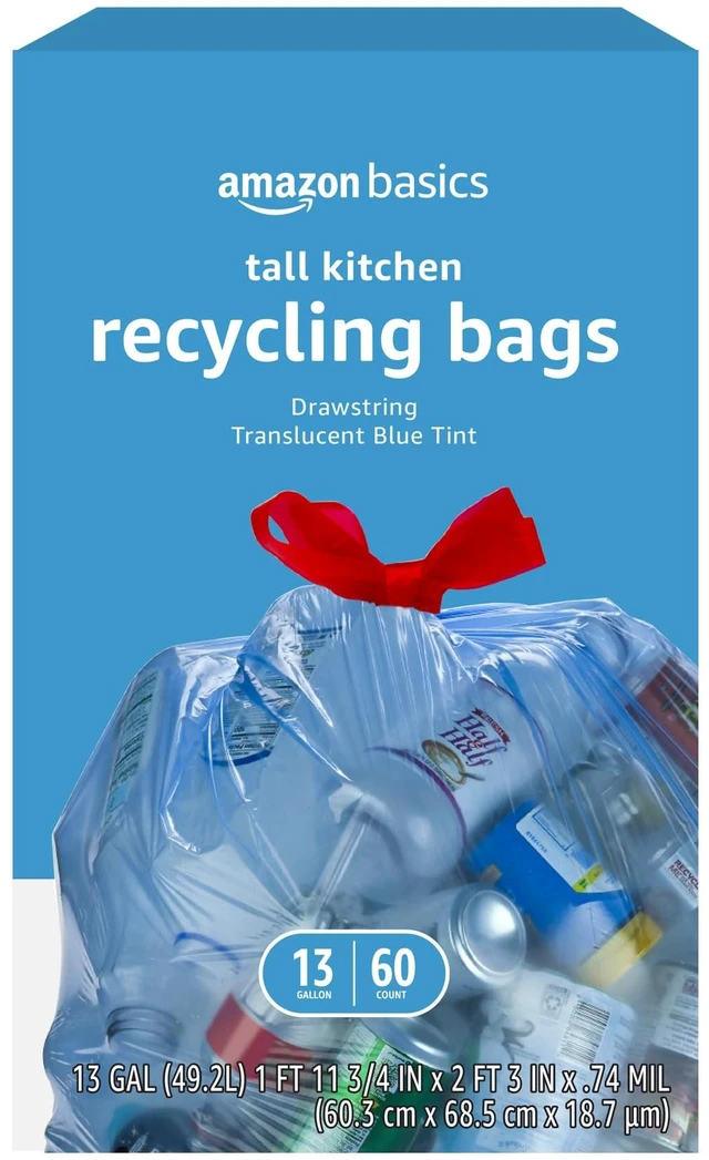 Main image of Amazon Basics 13Gallon 60Count Recycling Drawstring Tall Kitchen Trash Bags, Unscented, Blue