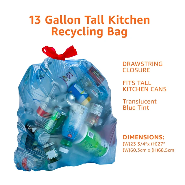 Alt view image 2 of 6 - Amazon Basics 13Gallon 60Count Recycling Drawstring Tall Kitchen Trash Bags, Unscented, Blue