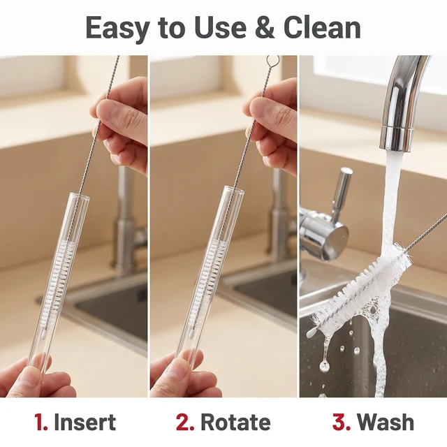 Alt view image 3 of 6 - 2 Pack Straw Cleaner Brush, Reusable Metal Handle, Extra Long, 10mm Wide, for Stanley Mug 40/30/20 oz, Sippy Cup, Water Bottle and Tubes (Clear+Clear)