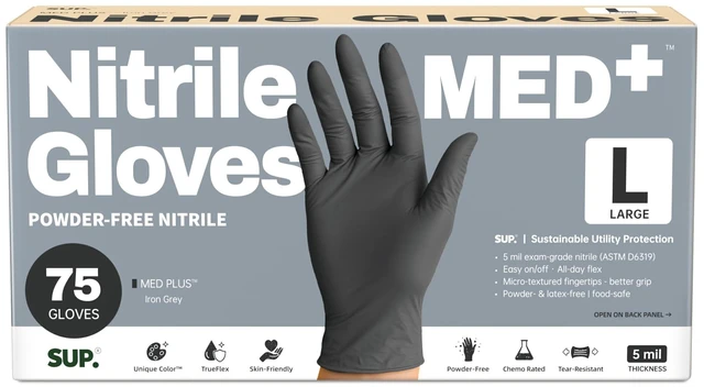 Main image of SUP Med Plus Nitrile Gloves, 5 Mil, Powder-Free, Disposable, Black, 750 Count