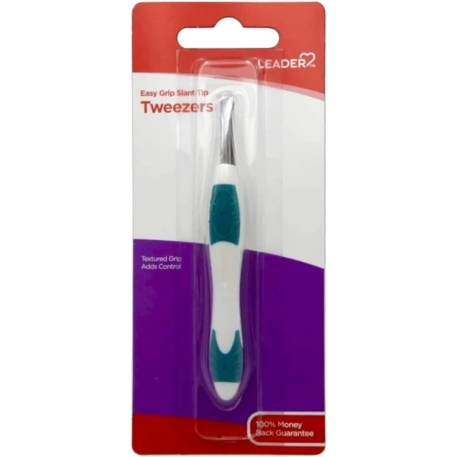 Alt view image 2 of 5 - LEADER Slant Tip Precision Tweezers, Stainless Steel, Non-Slip Rubber, for Eyebrows, Facial Hair, Splinter and Ingrown Hair Removal