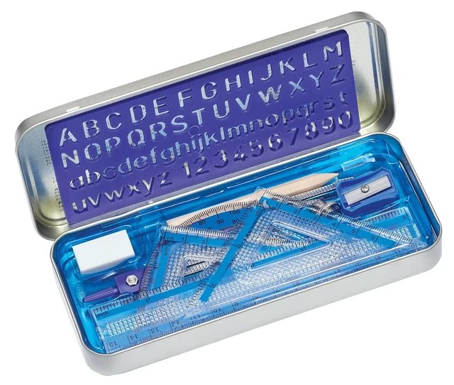 Alt view image 5 of 5 - STAEDTLER 10-Piece Math Set with Metal Compass, 6" Ruler and Triangle Squares, 45 and 30/60 Set Squares, Alphabet Stencil - Measuring Tools