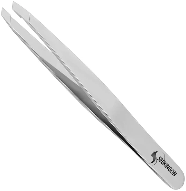 Main image of Precision Slant Tweezers for Women and Men, Hand Filed & Aligned, Non-Slip Grip, for Facial Hair and Ingrown Hair Plucking, Silver