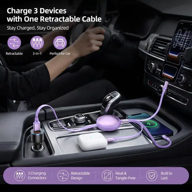Alt view image 3 of 7 - Multi Charging Cable, 3in1 Retractable USB Cable for Purple Car Accessories | Retractable Charging Cable with USB C, IP and Micro Compatible with iPhone/Galaxy and More, Chargers for Multiple Devices