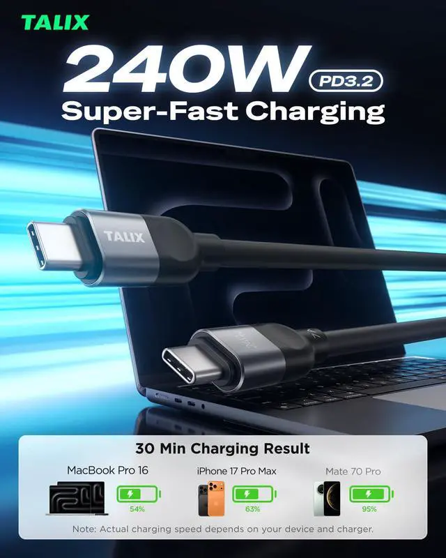 Alt view image 2 of 7 - ViewSonic 240W USB C to USB C Cable, 7A PD3.2 Fast Charging Cable | E-Marker Chip, Soft Silicone Anti-Tangle Cord for MacBook Pro/Air, iPad, iPhone 17/16/15, Dell XPS, 6.6FT