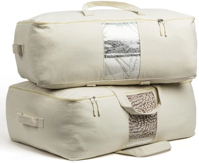 Main image of Soft Canvas Storage Bags with Zipper. Thick Breathable, 2pc King/Queen Comforter Organizer. Four Carrying Handles and Window. Large 25x19x9in Bag for Sheets Blankets Bedding Pillows, Clothes