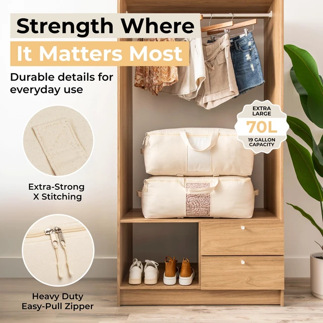 Alt view image 3 of 7 - Soft Canvas Storage Bags with Zipper. Thick Breathable, 2pc King/Queen Comforter Organizer. Four Carrying Handles and Window. Large 25x19x9in Bag for Sheets Blankets Bedding Pillows, Clothes