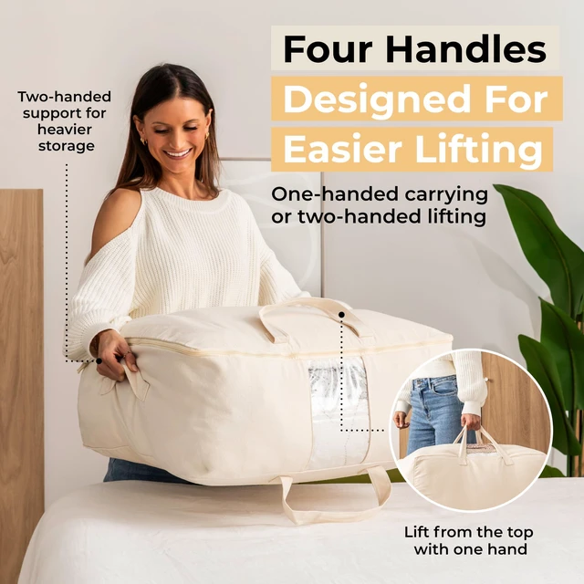 Alt view image 4 of 7 - Soft Canvas Storage Bags with Zipper. Thick Breathable, 2pc King/Queen Comforter Organizer. Four Carrying Handles and Window. Large 25x19x9in Bag for Sheets Blankets Bedding Pillows, Clothes