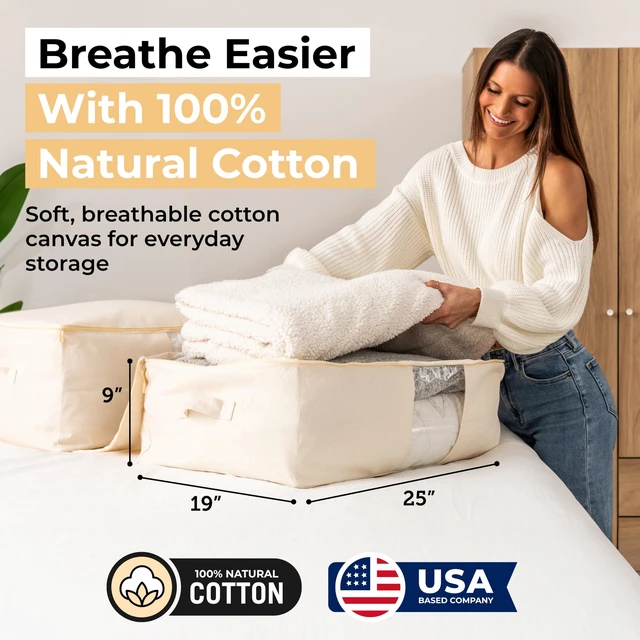 Alt view image 2 of 7 - Soft Canvas Storage Bags with Zipper. Thick Breathable, 2pc King/Queen Comforter Organizer. Four Carrying Handles and Window. Large 25x19x9in Bag for Sheets Blankets Bedding Pillows, Clothes