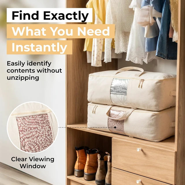 Alt view image 5 of 7 - Soft Canvas Storage Bags with Zipper. Thick Breathable, 2pc King/Queen Comforter Organizer. Four Carrying Handles and Window. Large 25x19x9in Bag for Sheets Blankets Bedding Pillows, Clothes