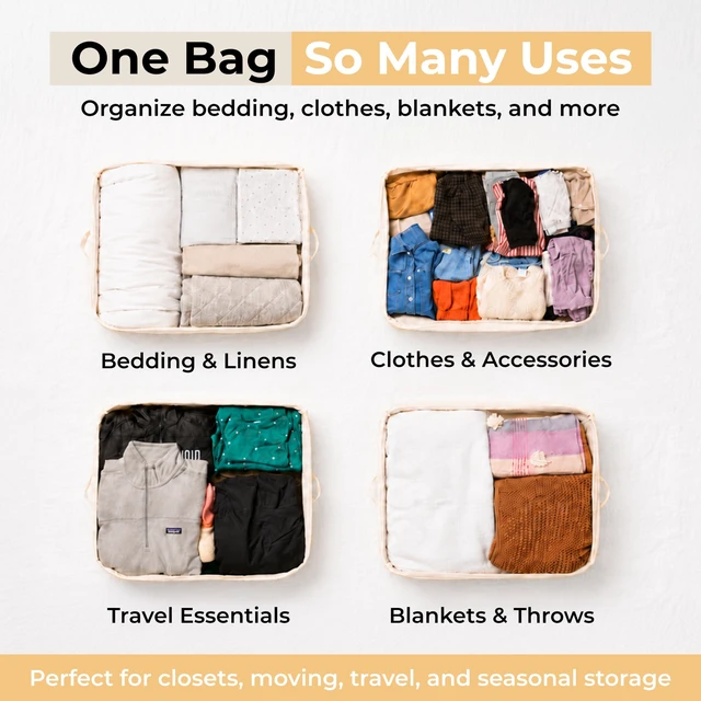 Alt view image 7 of 7 - Soft Canvas Storage Bags with Zipper. Thick Breathable, 2pc King/Queen Comforter Organizer. Four Carrying Handles and Window. Large 25x19x9in Bag for Sheets Blankets Bedding Pillows, Clothes