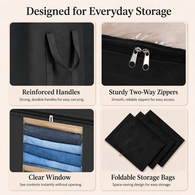 Alt view image 3 of 7 - Blanket Storage Bags 120L for Comforter Clothes Bedding 2 Pack Black | Breathable 100 gsm Fabric, Clear PVC Window, Heavy-Duty Metal Zipper, 2 Reinforced Handles, Foldable for Closet Storage