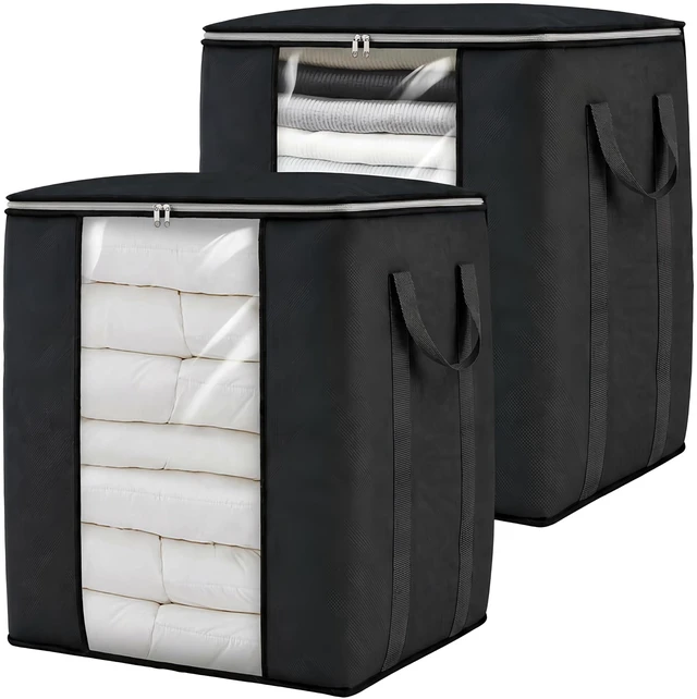 Main image of Blanket Storage Bags 120L for Comforter Clothes Bedding 2 Pack Black | Breathable 100 gsm Fabric, Clear PVC Window, Heavy-Duty Metal Zipper, 2 Reinforced Handles, Foldable for Closet Storage