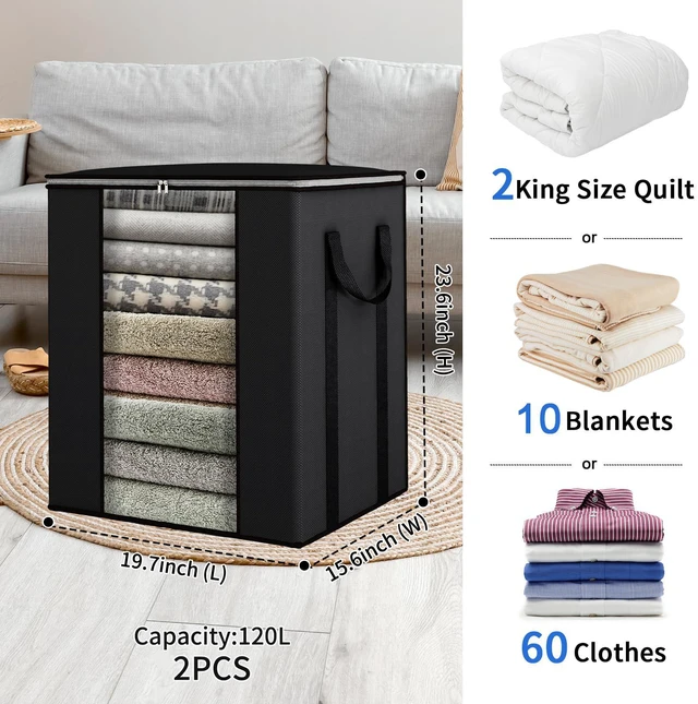Alt view image 2 of 7 - Blanket Storage Bags 120L for Comforter Clothes Bedding 2 Pack Black | Breathable 100 gsm Fabric, Clear PVC Window, Heavy-Duty Metal Zipper, 2 Reinforced Handles, Foldable for Closet Storage