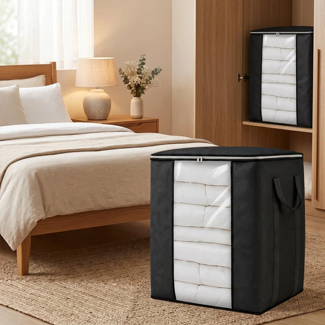 Alt view image 6 of 7 - Blanket Storage Bags 120L for Comforter Clothes Bedding 2 Pack Black | Breathable 100 gsm Fabric, Clear PVC Window, Heavy-Duty Metal Zipper, 2 Reinforced Handles, Foldable for Closet Storage