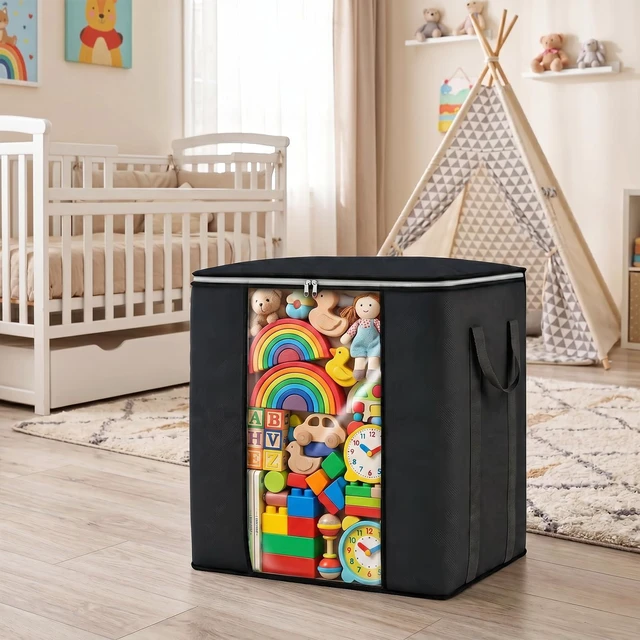 Alt view image 7 of 7 - Blanket Storage Bags 120L for Comforter Clothes Bedding 2 Pack Black | Breathable 100 gsm Fabric, Clear PVC Window, Heavy-Duty Metal Zipper, 2 Reinforced Handles, Foldable for Closet Storage
