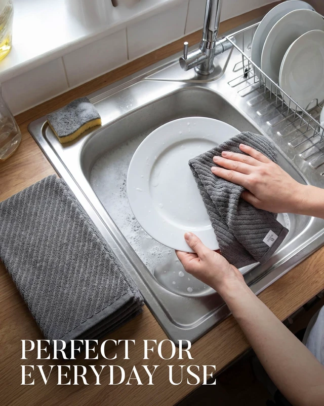 Alt view image 5 of 7 - Bumble Kitchen Towels (6-Pack), 16"x25", 100% Cotton, Dish Towels Gray | 445 GSM | Soft Diagonal Rib kitchen hand towels , Highly Absorbent & Durable Dish Towels for kitchen with Hanging Loop