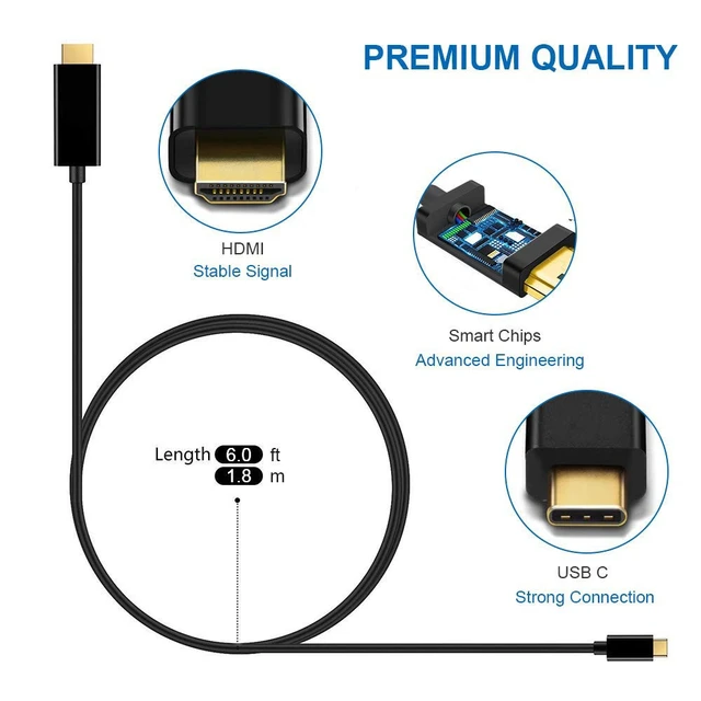 Alt view image 2 of 7 - USB C to HDMI Cable for Home Office 6ft, Hannord USB 3.1 Type C to HDMI 4K Thunderbolt 3 Compatible, Work with MacBook Pro/Air/iPad Pro 2020 2018, Surface Book 2, Dell XPS 15, Galaxy S20/S10