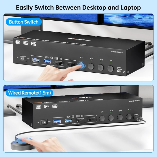 Alt view image 6 of 7 - HDMI+2 Displayport KVM Switch 3 Monitors 4 Computers 8K@60Hz 4K@144Hz | Triple Monitor KVM Switches with 4 USB3.0 Port for Keyboard Mouse; Extended/Copy Mode, with Wired Remote and 4 USB Cables