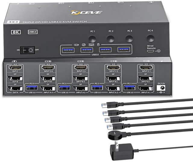 Main image of KVM Switch 3 Monitors 4 Computers HDMI + DisplayPort, KCEVE USB 3.0 DP KVM Switcher, 8K@30Hz/4k@144Hz DP KVM for 4 PC Share 3 Display and 4 USB 3.0 Devices