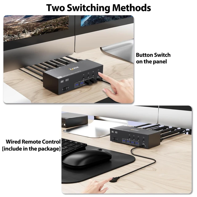 Alt view image 6 of 7 - KVM Switch 3 Monitors 4 Computers HDMI + DisplayPort, KCEVE USB 3.0 DP KVM Switcher, 8K@30Hz/4k@144Hz DP KVM for 4 PC Share 3 Display and 4 USB 3.0 Devices