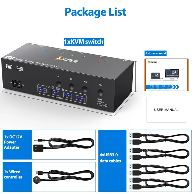 Alt view image 7 of 7 - KVM Switch 3 Monitors 4 Computers HDMI + DisplayPort, KCEVE USB 3.0 DP KVM Switcher, 8K@30Hz/4k@144Hz DP KVM for 4 PC Share 3 Display and 4 USB 3.0 Devices