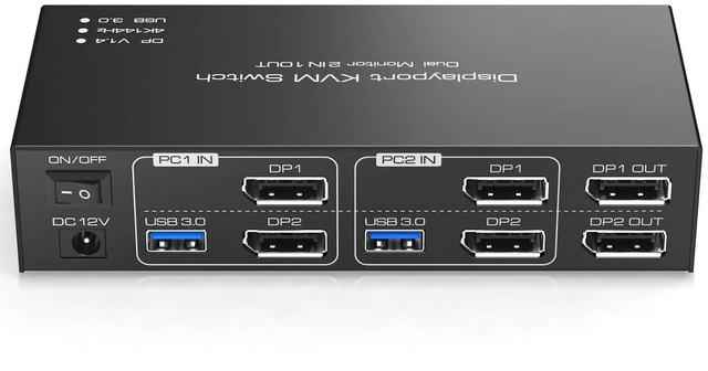 Main image of Displayport KVM Switch 2 Monitors 2 Computers 4K@144Hz USB3.0 KVM Switch for 2 Computers Share Dual Displays and 4 USB Devices Support Extended/Copy Mode with Desktop Controller
