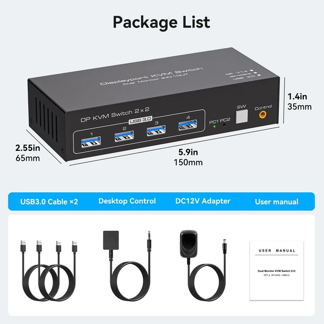 Alt view image 7 of 7 - Displayport KVM Switch 2 Monitors 2 Computers 4K@144Hz USB3.0 KVM Switch for 2 Computers Share Dual Displays and 4 USB Devices Support Extended/Copy Mode with Desktop Controller