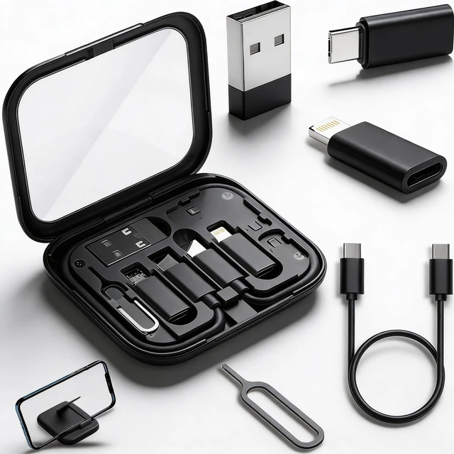 Main image of USB Adapter Kit, Type-C to Lightning Adapter, USB-A to C, OTG, Black | Built-In Mirror, 12-Inch USB-C Cable and Micro-USB to C Converter for iPhone, Pixel and Galaxy