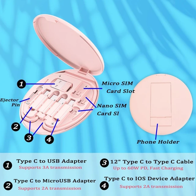 Alt view image 3 of 7 - Multi USB Charging Adapter Cable Kit, USB C to iOS Adapter for Travel, Conversion Set A & USB C to Male Micro /USB C/iOS Adapter, Data Transfer, Card Storage, Tray Eject Pin, Phone Holder (blue)