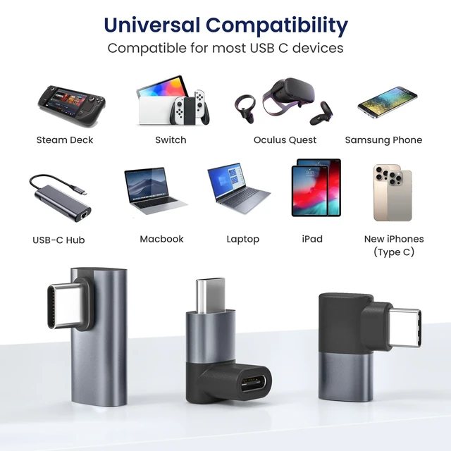 Alt view image 7 of 7 - USB C 90 Degree Adapter 3Pack,100W Right Angle Extender,Type C Male to USBC Female Connector,40Gbps USB4 Thunderbolt 4 3 Extension Converter for iPhone 17 17e 16,MacBook,Steam,Switch,Laptop