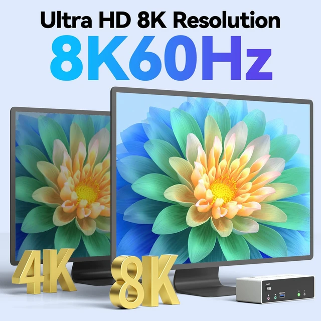 Alt view image 2 of 7 - KVM Switch 3 Monitors 2 Computers 4K@144Hz/8K@60Hz, USB3.0 HDMI Dispalyport KVM Switch Triple Monitor for 2 PC Share 3 Monitors and Keyboard Mouse, Wired Remote and USB3.0 Cables Included 2 DP+1 HDMI
