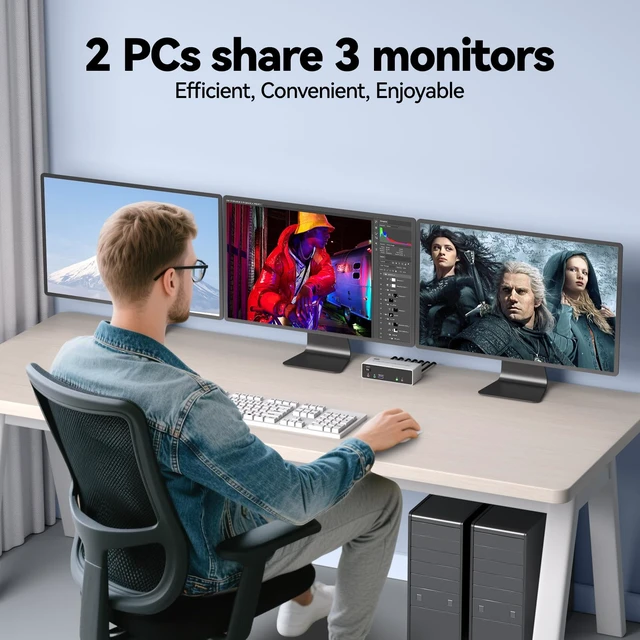 Alt view image 6 of 7 - KVM Switch 3 Monitors 2 Computers 4K@144Hz/8K@60Hz, USB3.0 HDMI Dispalyport KVM Switch Triple Monitor for 2 PC Share 3 Monitors and Keyboard Mouse, Wired Remote and USB3.0 Cables Included 2 DP+1 HDMI