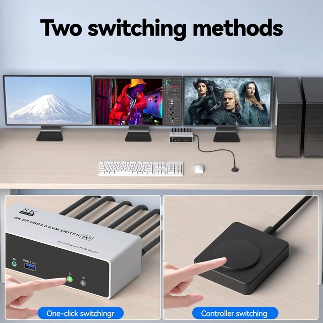 Alt view image 5 of 7 - KVM Switch 3 Monitors 2 Computers 4K@144Hz/8K@60Hz, USB3.0 HDMI Dispalyport KVM Switch Triple Monitor for 2 PC Share 3 Monitors and Keyboard Mouse, Wired Remote and USB3.0 Cables Included 2 DP+1 HDMI